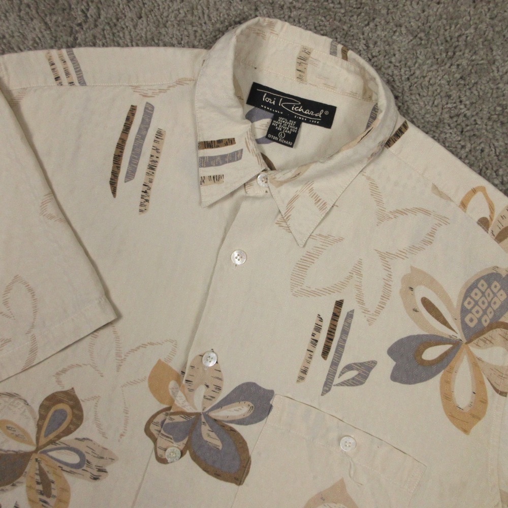 Tori‎ Richard Shirt Mens Large Beige Floral Silk Hawaiian Aloha Beach Button Up
